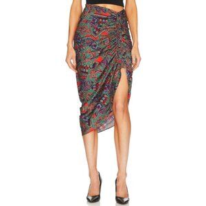 Veronica Beard Ari Paisley/Lotus-Print Ruched Silk-Blend Skirt, Flame Red Multi